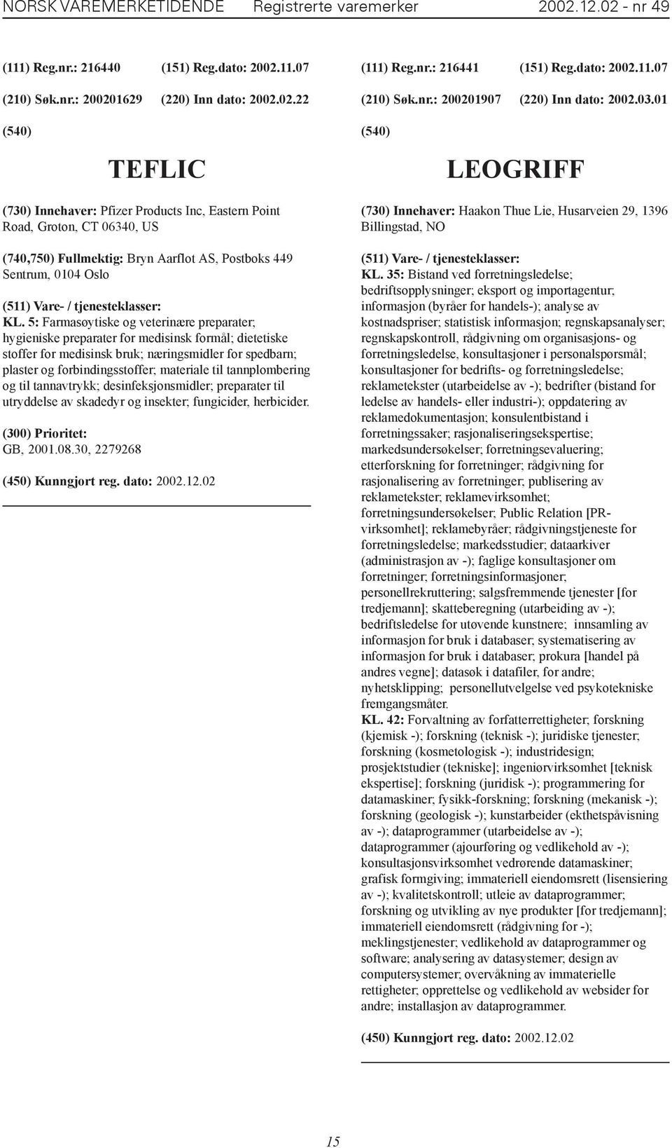 01 TEFLIC LEOGRIFF (730) Innehaver: Pfizer Products Inc, Eastern Point Road, Groton, CT 06340, US (740,750) Fullmektig: Bryn Aarflot AS, Postboks 449 Sentrum, 0104 Oslo KL.
