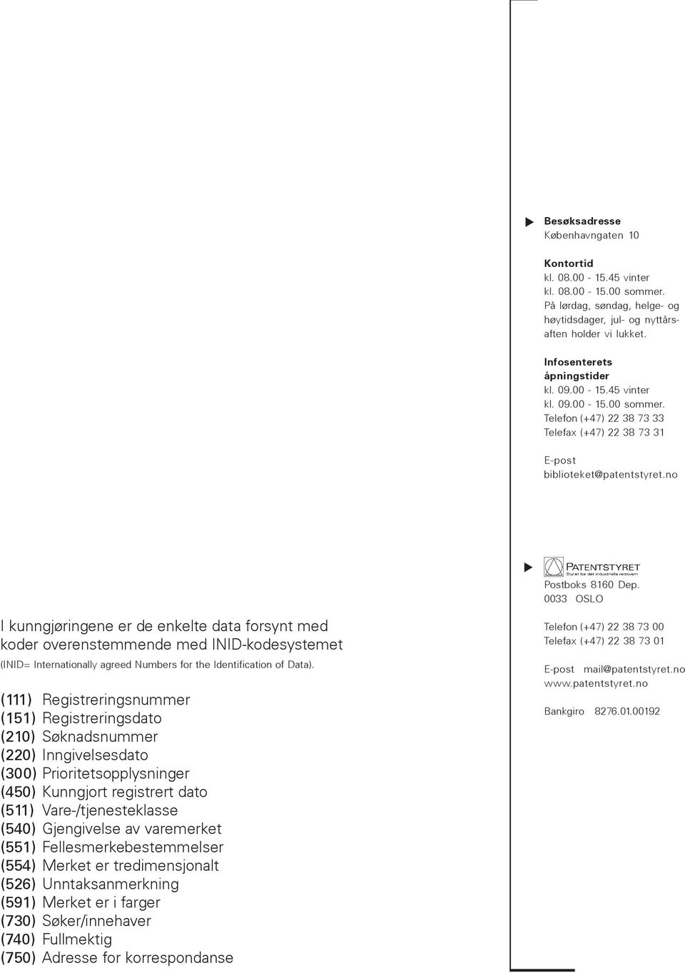 0033 OSLO I kunngjøringene er de enkelte data forsynt med koder overenstemmende med INID-kodesystemet (INID= Internationally agreed Numbers for the Identification of Data).