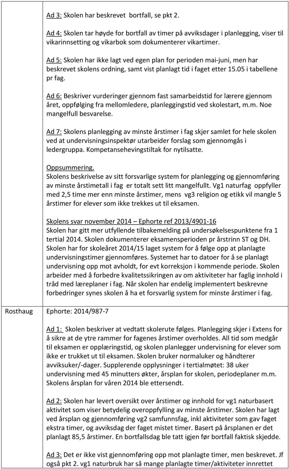 Ad 6: Beskriver vurderinger gjennom fast samarbeidstid for lærere gjennom året, oppfølging fra mellomledere, planleggingstid ved skolestart, m.m. Noe mangelfull besvarelse.