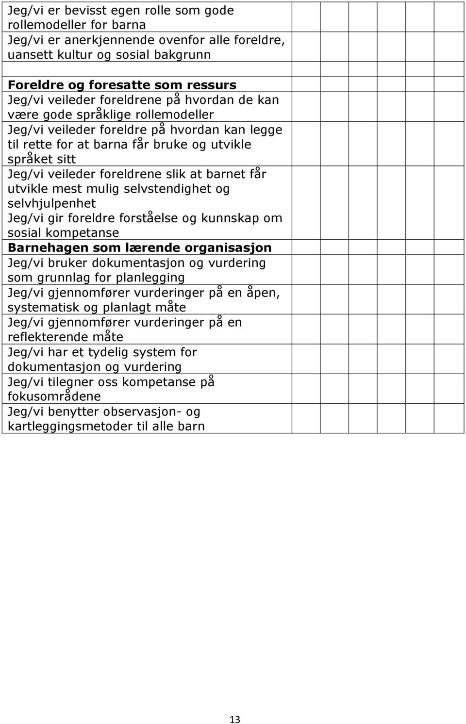 at barnet får utvikle mest mulig selvstendighet og selvhjulpenhet Jeg/vi gir foreldre forståelse og kunnskap om sosial kompetanse Barnehagen som lærende organisasjon Jeg/vi bruker dokumentasjon og