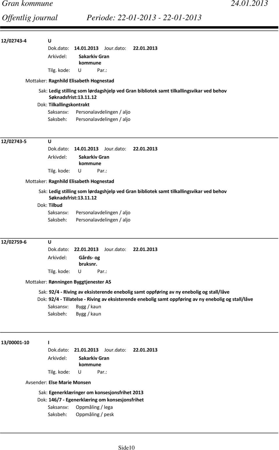 2013 Jour.dato: 22.01.2013 Mottaker: Ragnhild Elisabeth Hognestad Sak: Ledig stilling som lørdagshjelp ved Gran bibliotek samt tilkallingsvikar ved behov Søknadsfrist:13.11.