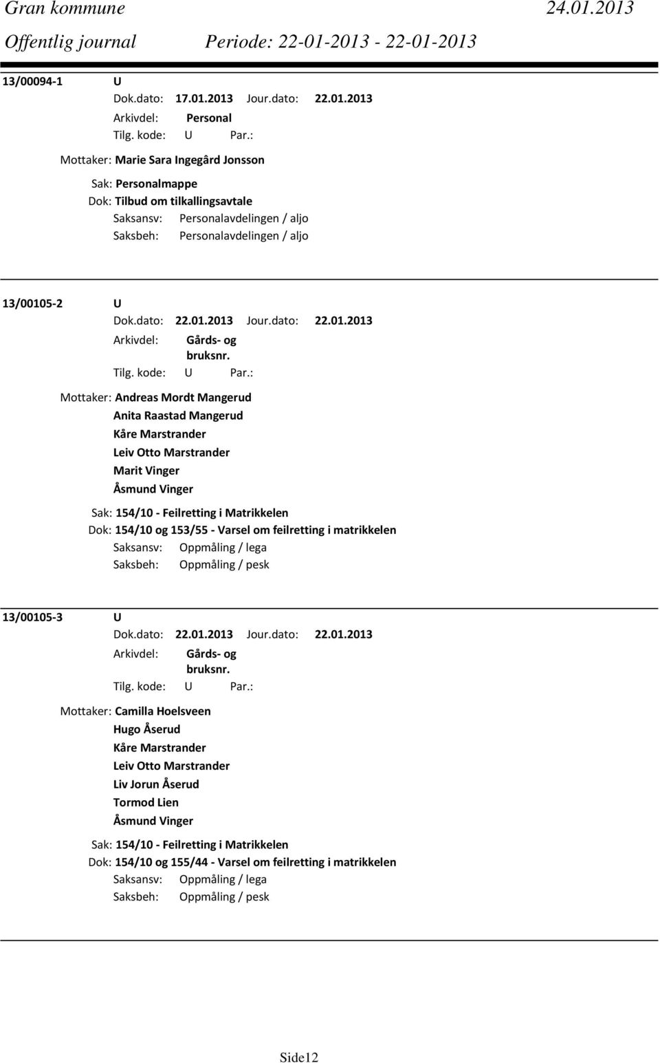 / aljo 13/00105 2 U Mottaker: Andreas Mordt Mangerud Anita Raastad Mangerud Kåre Marstrander Leiv Otto Marstrander Marit Vinger Åsmund Vinger Sak: 154/10 Feilretting i Matrikkelen Dok: 154/10 og