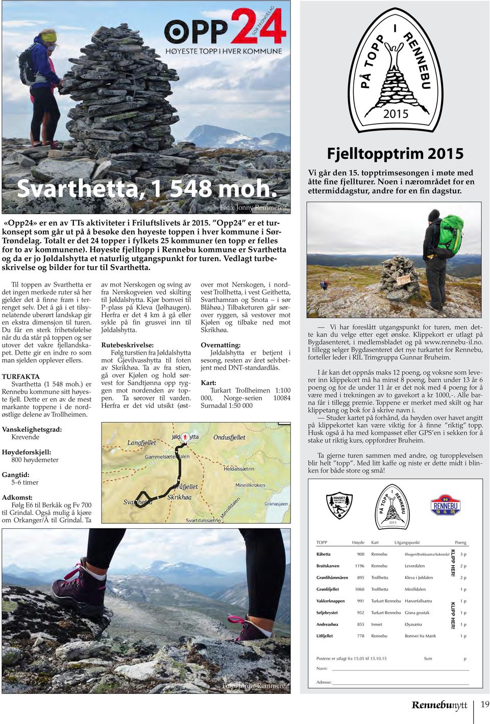 Totalt er det 24 topper i fylkets 2 kommuner (en topp er felles for to av kommunene). Høyeste fjelltopp i Rennebu kommune er Svarthetta og da er jo Jøldalshytta et naturlig utgangspunkt for turen.