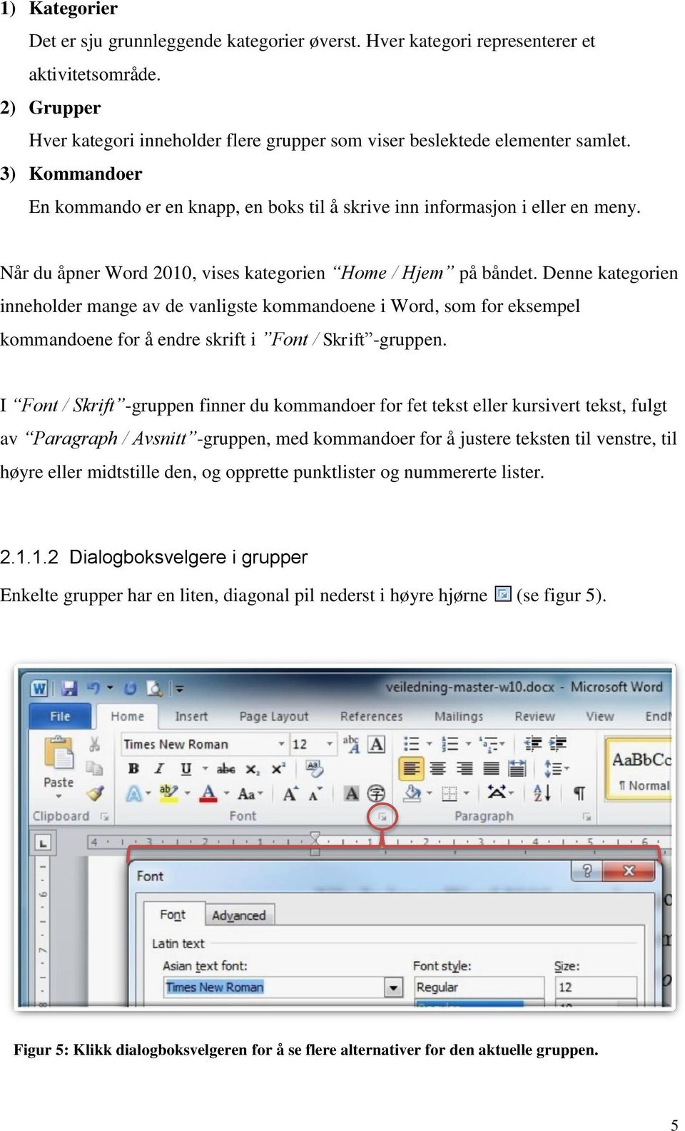 Denne kategorien inneholder mange av de vanligste kommandoene i Word, som for eksempel kommandoene for å endre skrift i Font / Skrift -gruppen.