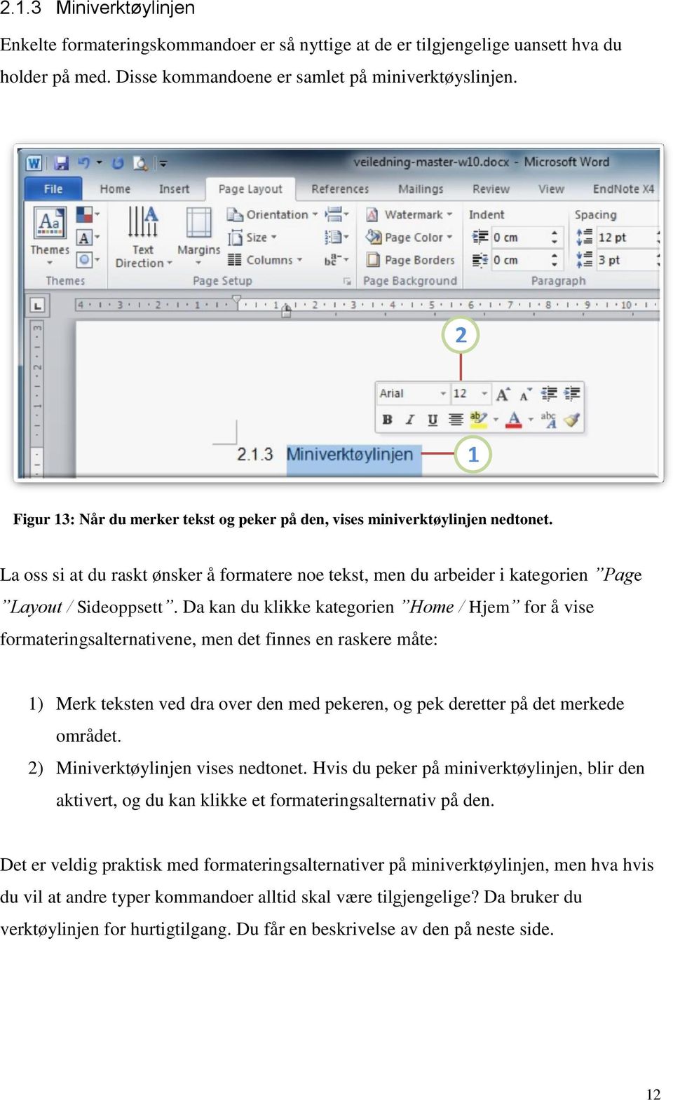 Da kan du klikke kategorien Home / Hjem for å vise formateringsalternativene, men det finnes en raskere måte: 1) Merk teksten ved dra over den med pekeren, og pek deretter på det merkede området.