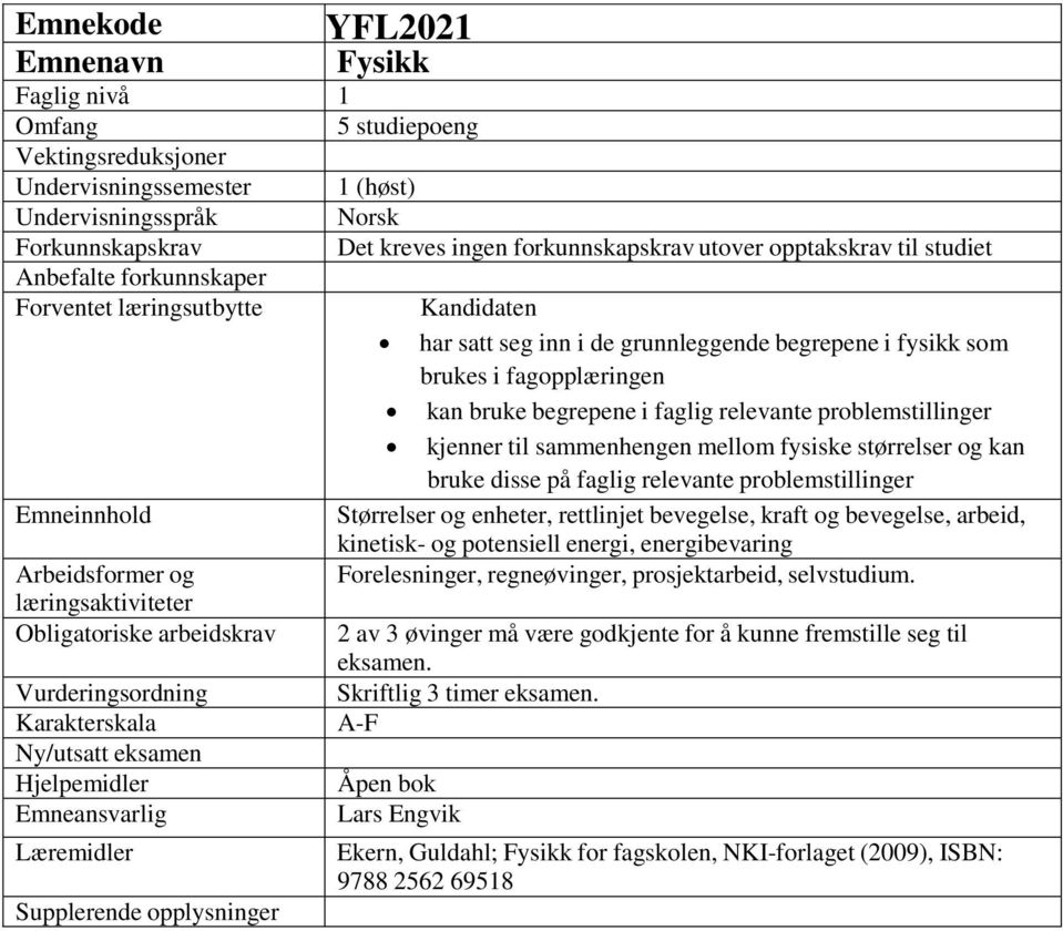 Ny/utsatt eksamen Hjelpemidler Emneansvarlig Læremidler Supplerende opplysninger har satt seg inn i de grunnleggende begrepene i fysikk som brukes i fagopplæringen kan bruke begrepene i faglig