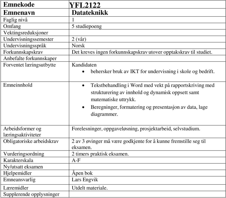 Emneinnhold Tekstbehandling i Word med vekt på rapportskriving med strukturering av innhold og dynamisk oppsett samt matematiske uttrykk.