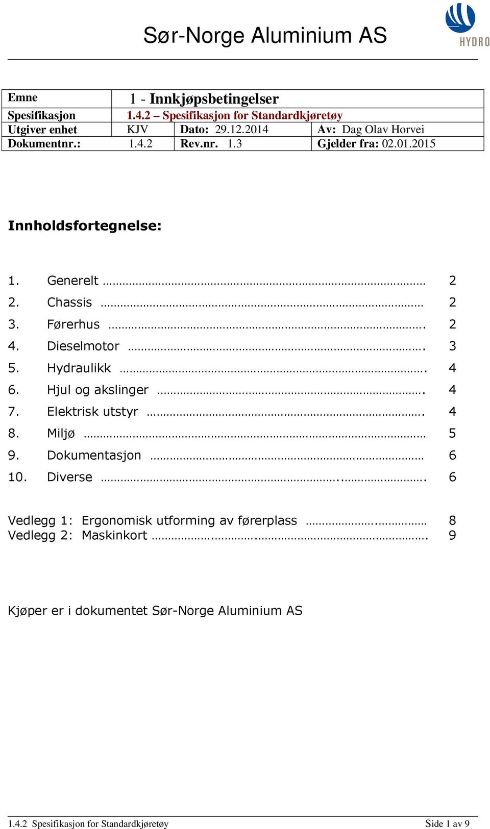 Førerhus 2 4. Dieselmotor 3 5. Hydraulikk 4 6. Hjul og akslinger 4 7. Elektrisk utstyr 4 8. Miljø 5 9. Dokumentasjon 6 10. Diverse.