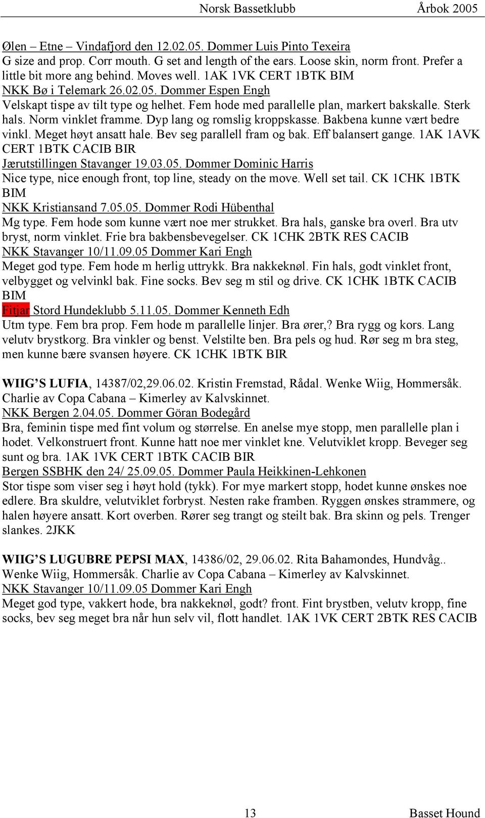 Dyp lang og romslig kroppskasse. Bakbena kunne vært bedre vinkl. Meget høyt ansatt hale. Bev seg parallell fram og bak. Eff balansert gange. 1AK 1AVK CERT 1BTK CACIB BIR Jærutstillingen Stavanger 19.