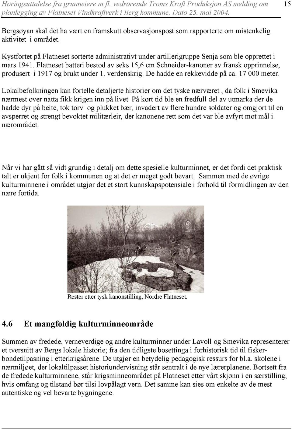 Flatneset batteri bestod av seks 15,6 cm Schneider-kanoner av fransk opprinnelse, produsert i 1917 og brukt under 1. verdenskrig. De hadde en rekkevidde på ca. 17 000 meter.