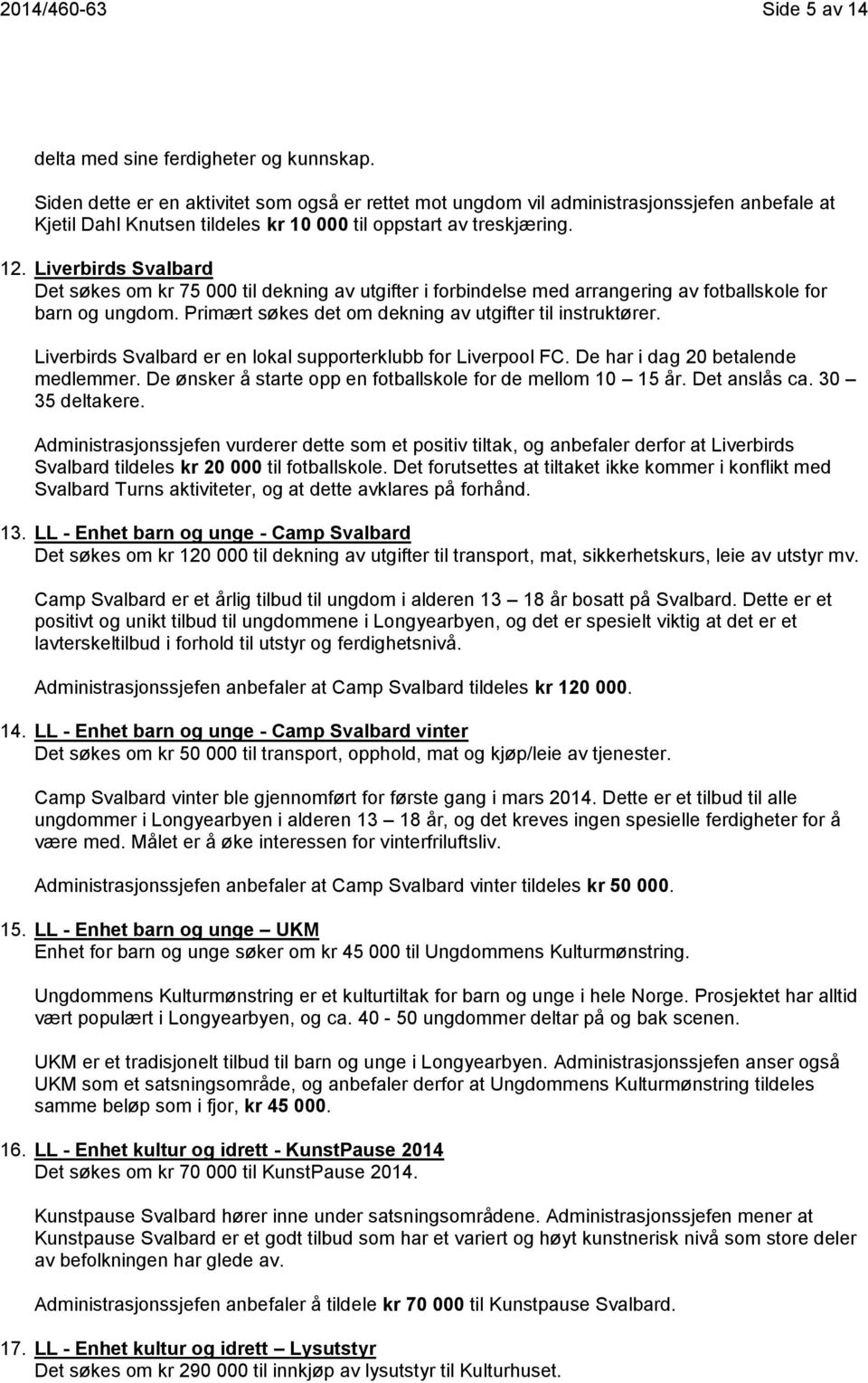 Liverbirds Svalbard Det søkes om kr 75 000 til dekning av utgifter i forbindelse med arrangering av fotballskole for barn og ungdom. Primært søkes det om dekning av utgifter til instruktører.