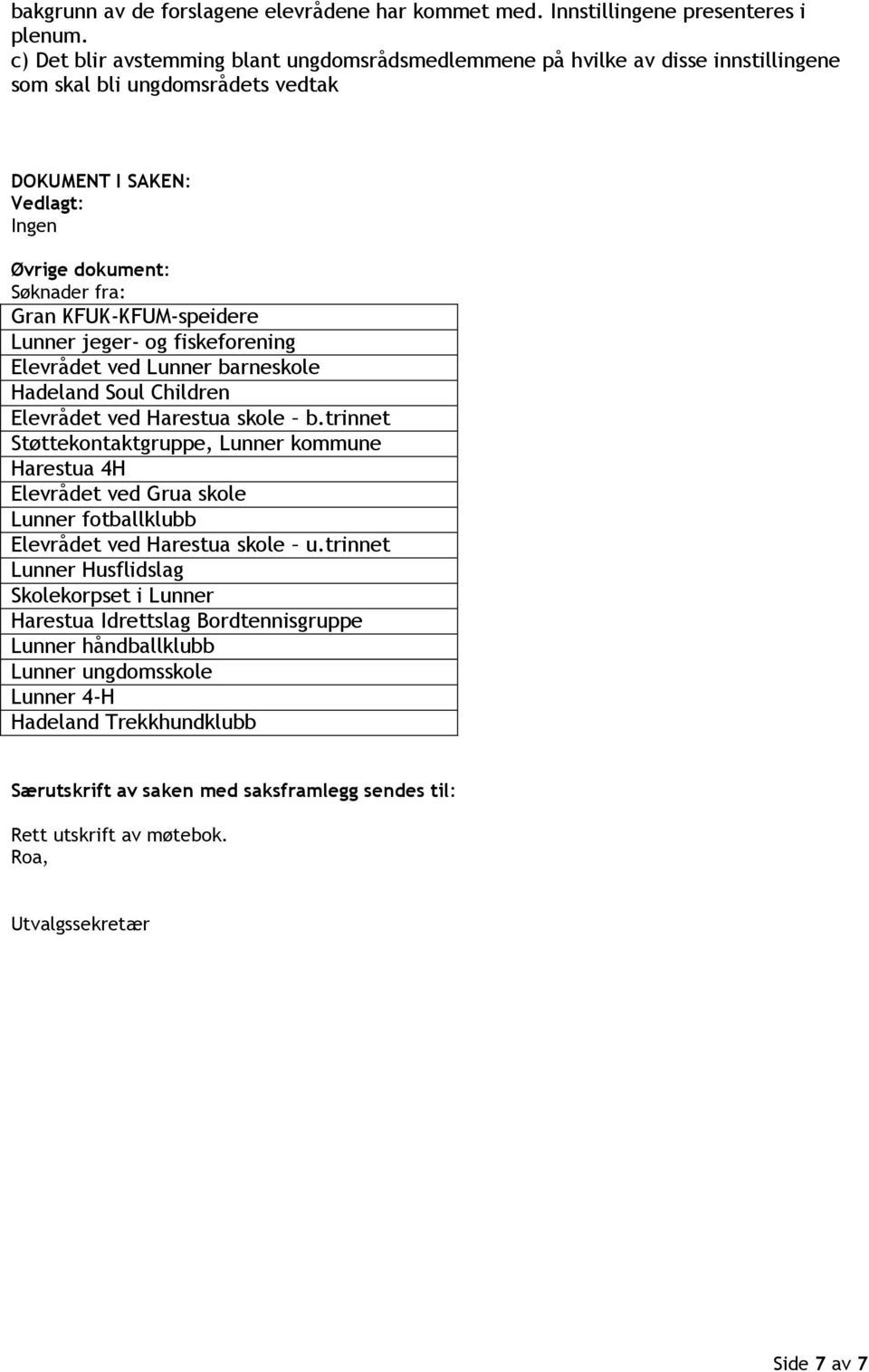 KFUK-KFUM-speidere Lunner jeger- og fiskeforening Elevrådet ved Lunner barneskole Hadeland Soul Children Elevrådet ved Harestua skole b.