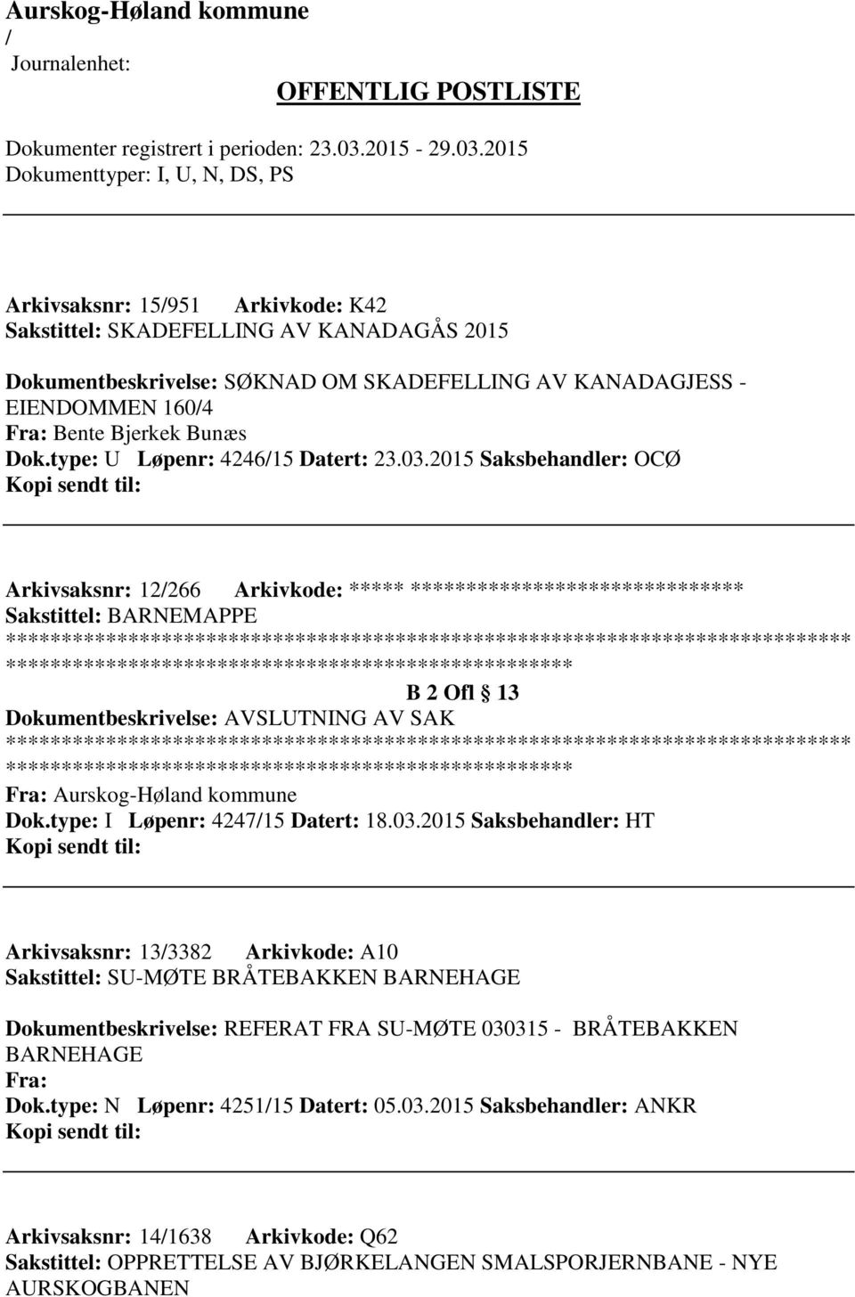 2015 Saksbehandler: OCØ Arkivsaksnr: 12266 Arkivkode: ***** ****************************** B 2 Ofl 13 Dokumentbeskrivelse: AVSLUTNING AV SAK Fra: Aurskog-Høland kommune Dok.