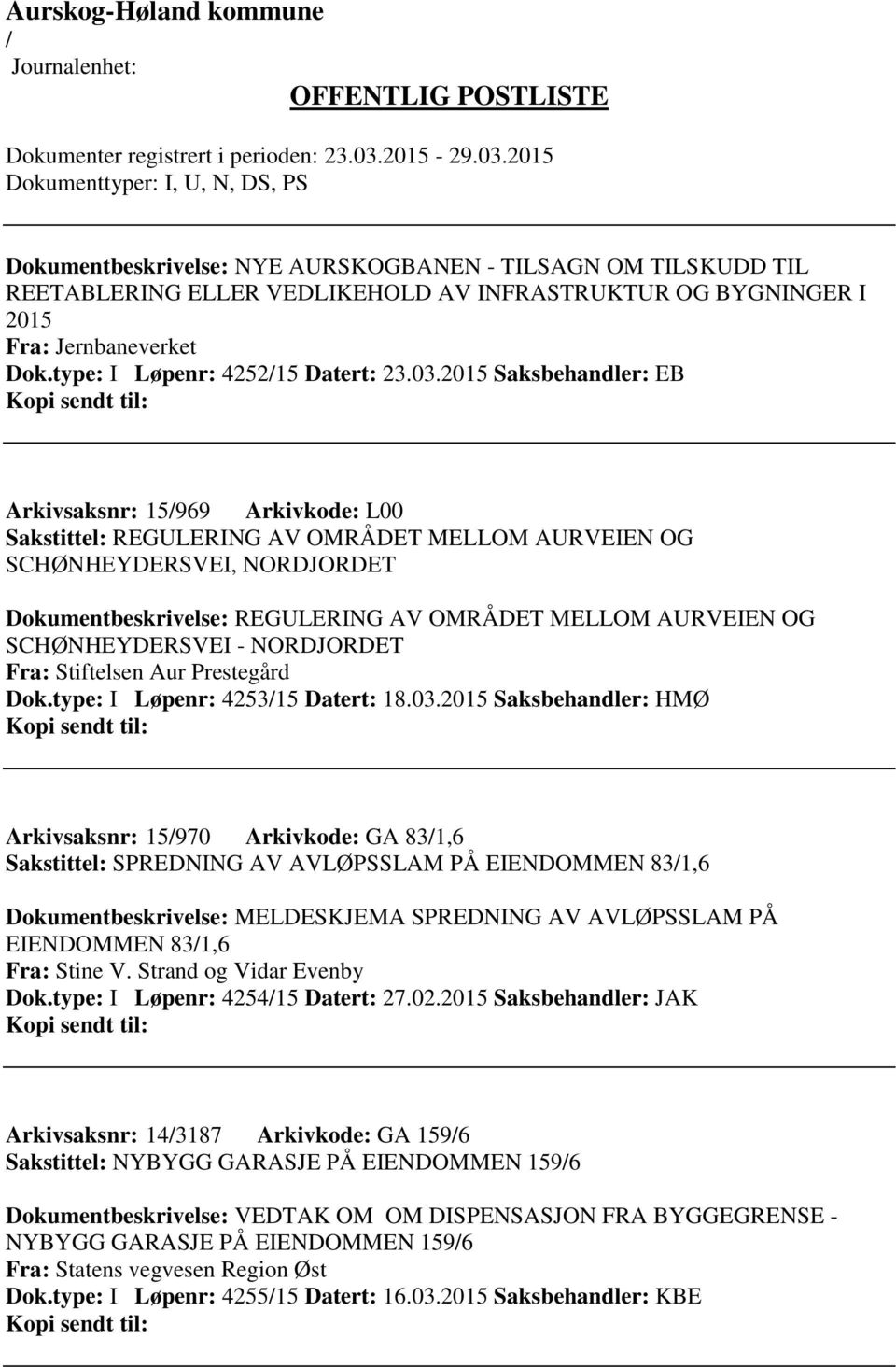 SCHØNHEYDERSVEI - NORDJORDET Fra: Stiftelsen Aur Prestegård Dok.type: I Løpenr: 425315 Datert: 18.03.