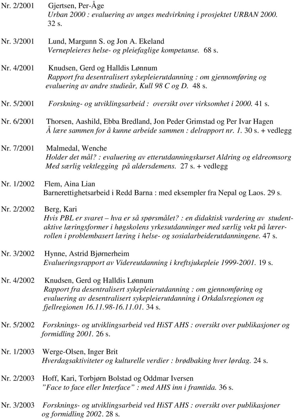 Knudsen, Gerd og Halldis Lønnum Rapport fra desentralisert sykepleierutdanning : om gjennomføring og evaluering av andre studieår, Kull 98 C og D. 48 s. Nr.