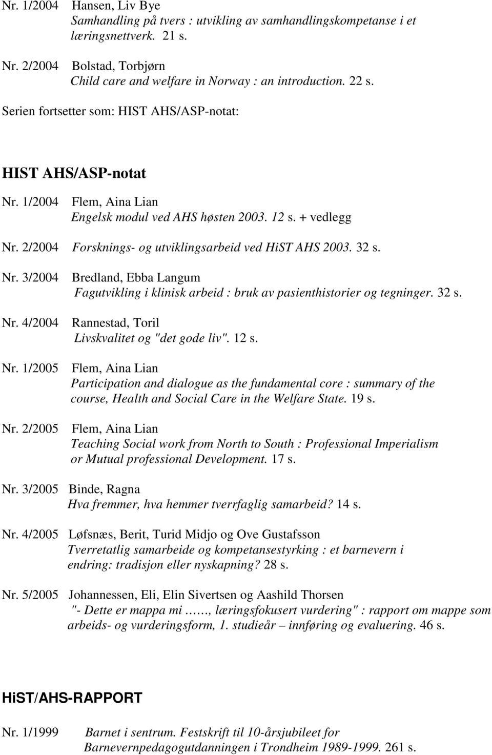 4/2004 Nr. 1/2005 Nr. 2/2005 Bredland, Ebba Langum Fagutvikling i klinisk arbeid : bruk av pasienthistorier og tegninger. 32 s. Rannestad, Toril Livskvalitet og "det gode liv". 12 s.