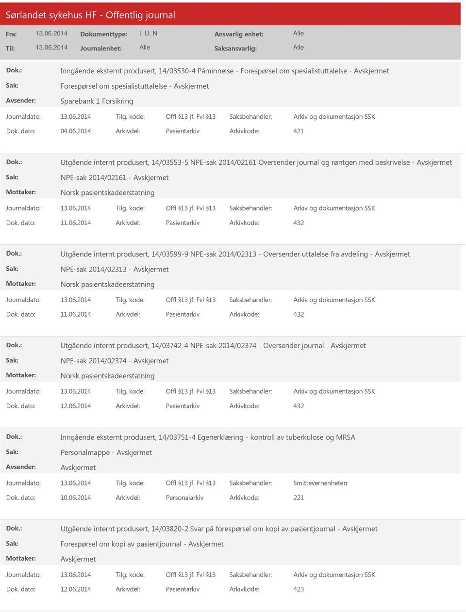 2014 Arkivdel: Pasientarkiv Arkivkode: 432 Utgående internt produsert, 14/03599-9 NPE-sak 2014/02313 - Oversender uttalelse fra avdeling - NPE-sak 2014/02313 - Dok. dato: 11.06.