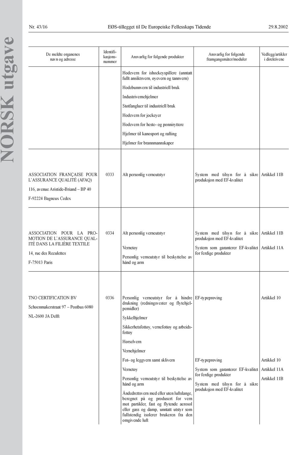 POUR L ASSURANCE QUALITÉ (AFAQ) 116, avenue Aristide-Briand BP 40 F-92224 Bagneux Cedex 0333 Alt personlig verneutstyr System med tilsyn for å sikre ASSOCIATION POUR LA PRO- MOTION DE L ASSURANCE