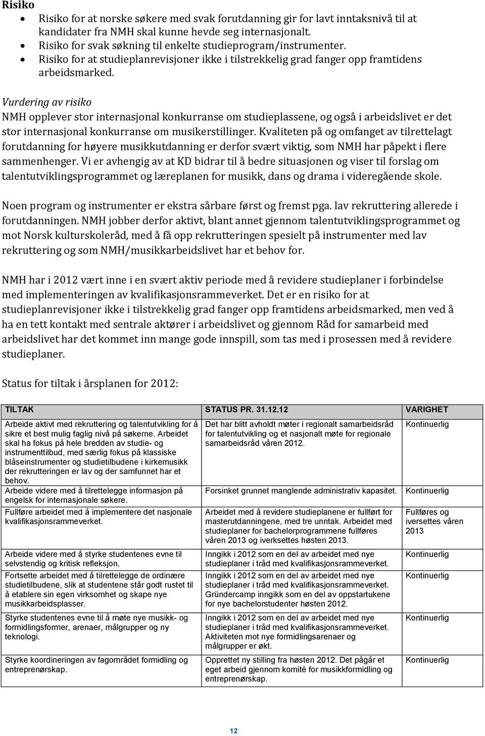 Vurdering av risiko NMH opplever stor internasjonal konkurranse om studieplassene, og også i arbeidslivet er det stor internasjonal konkurranse om musikerstillinger.