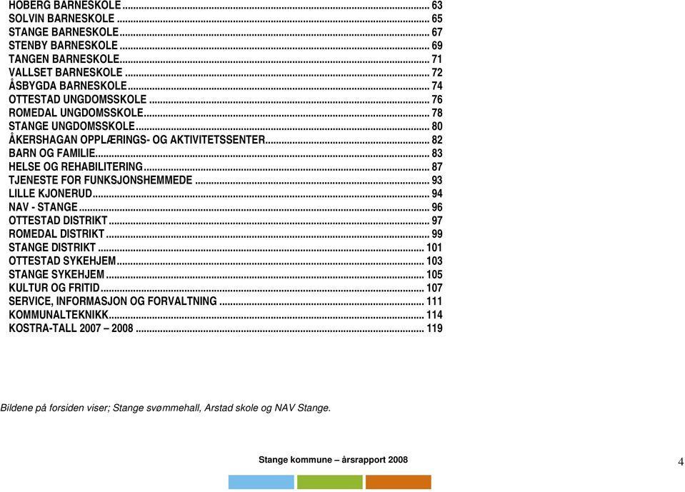.. 93 LILLE KJONERUD... 94 NAV - STANGE... 96 OTTESTAD DISTRIKT... 97 ROMEDAL DISTRIKT... 99 STANGE DISTRIKT... 101 OTTESTAD SYKEHJEM... 103 STANGE SYKEHJEM... 105 KULTUR OG FRITID.