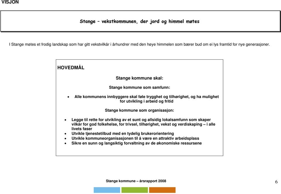 HOVEDMÅL Stange kommune skal: Stange kommune som samfunn: Alle kommunens innbyggere skal føle trygghet og tilhørighet, og ha mulighet for utvikling i arbeid og fritid Stange kommune som