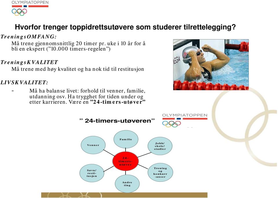 000 timers-regelen ) TreningsKVALITET Må trene med høy kvalitet og ha nok tid til restitusjon LIVSKVALITET: - Må ha balanse livet: