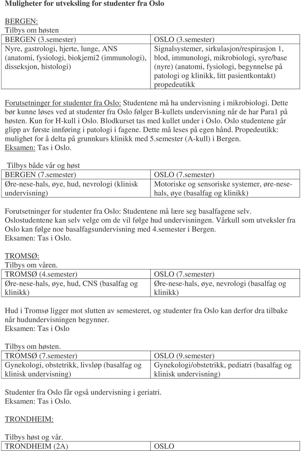 Forutsetninger for studenter fra Oslo: Studentene må ha undervisning i mikrobiologi. Dette bør kunne løses ved at studenter fra Oslo følger B-kullets undervisning når de har Para1 på høsten.