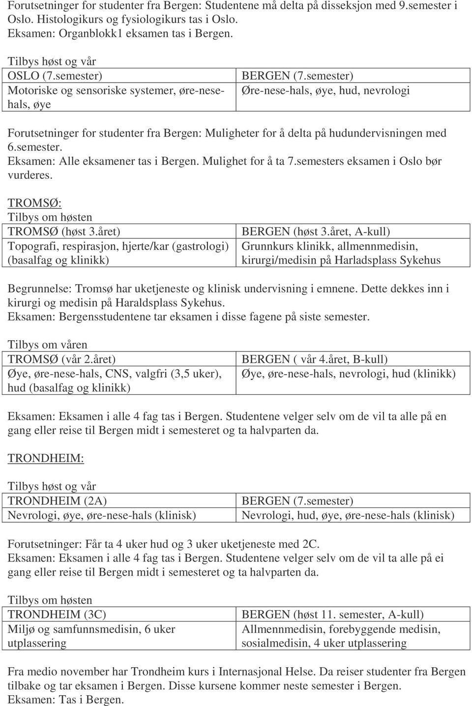 semester) Øre-nese-hals, øye, hud, nevrologi Forutsetninger for studenter fra Bergen: Muligheter for å delta på hudundervisningen med 6.semester. Eksamen: Alle eksamener tas i Bergen.