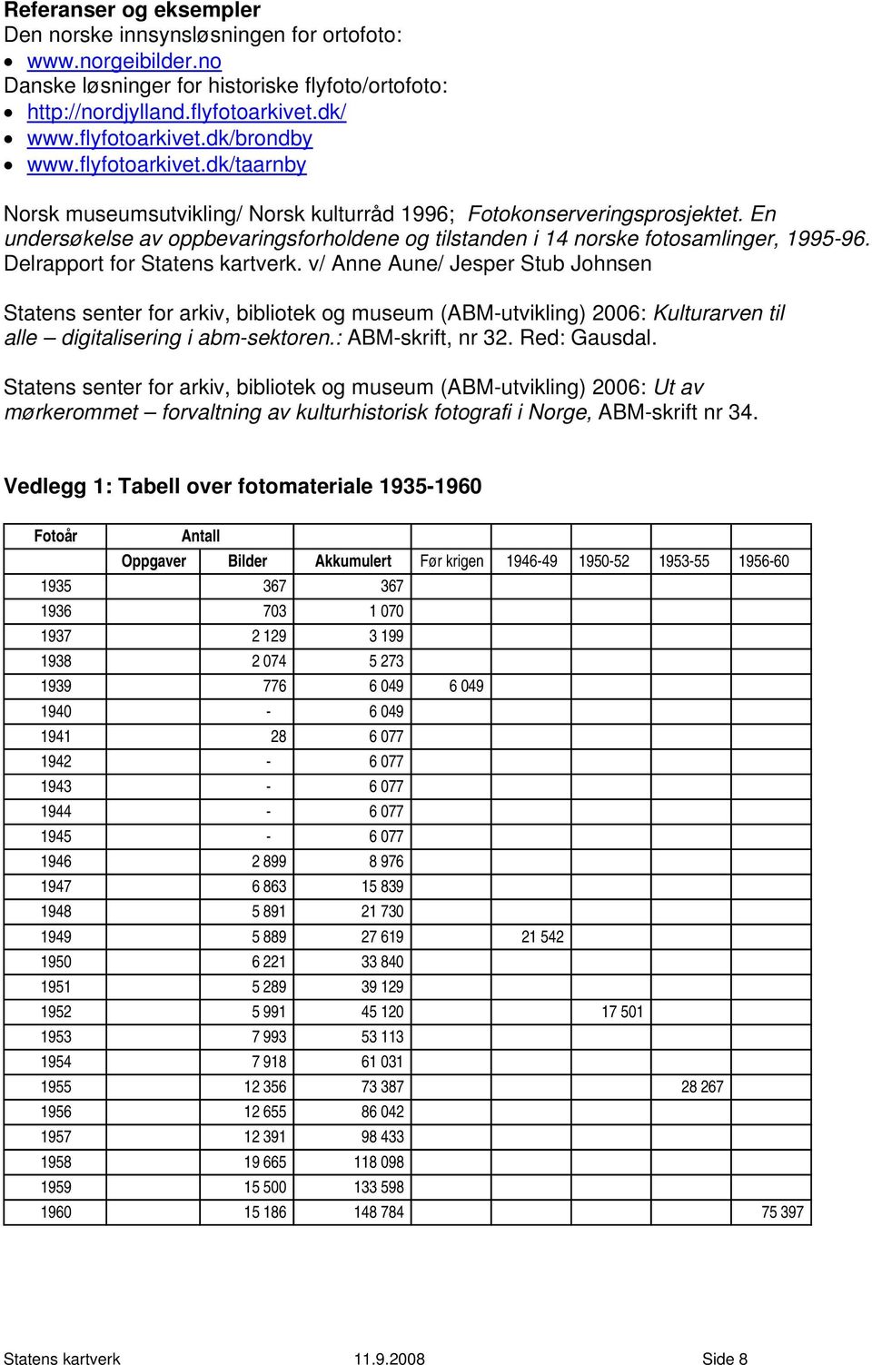 Delrapport for Statens kartverk. v/ Anne Aune/ Jesper Stub Johnsen Statens senter for arkiv, bibliotek og museum (ABM-utvikling) 2006: Kulturarven til alle digitalisering i abm-sektoren.