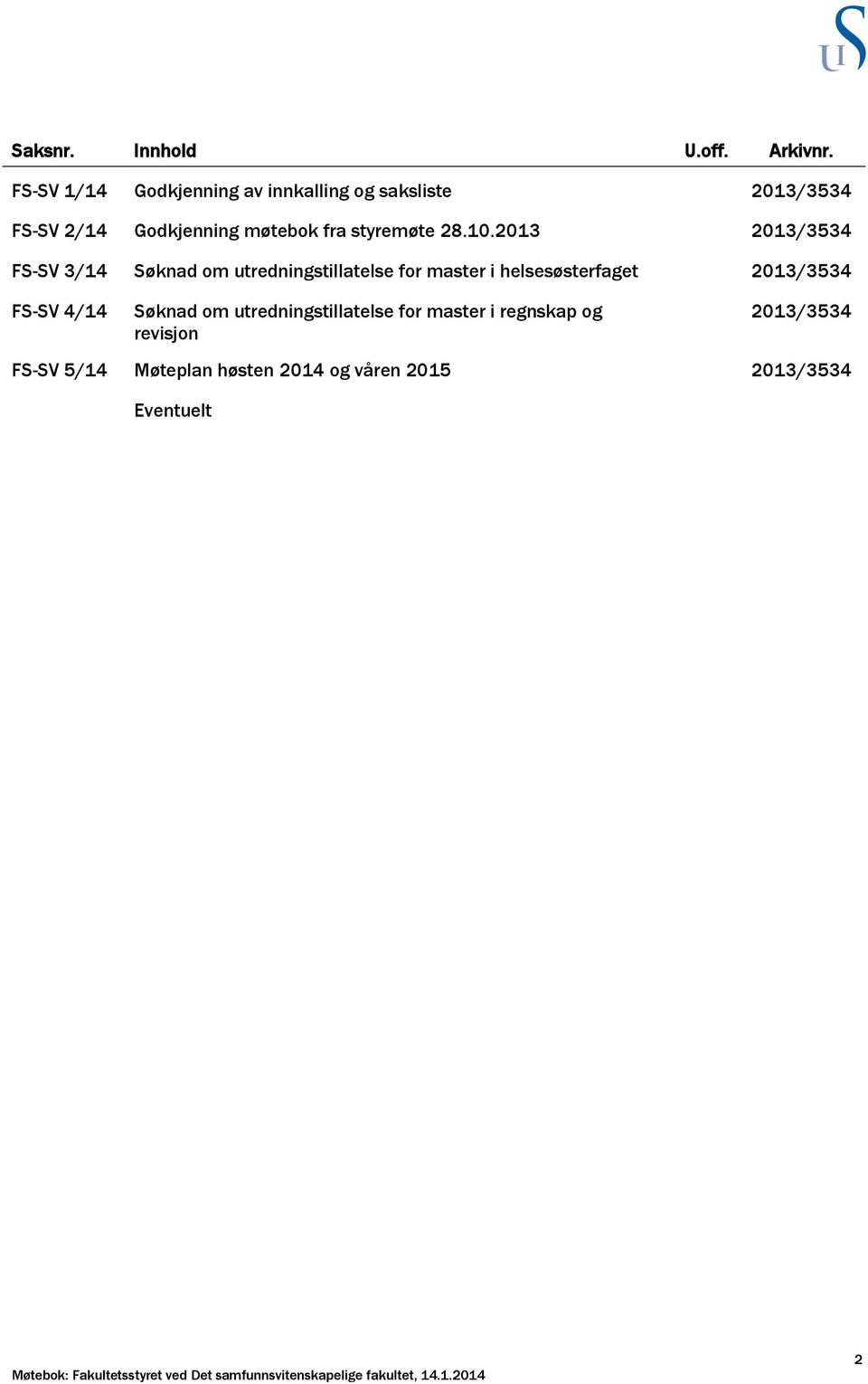 2013 2013/3534 FS-SV 3/14 Søknad om utredningstillatelse for master i helsesøsterfaget 2013/3534 FS-SV 4/14 Søknad om