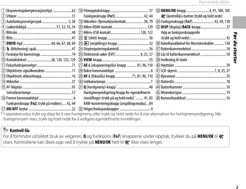 .. 11 M Objektivets utløserknapp... 16 N Mikrofon... 37 O AF-følgelys... 93 Selvutløserlampe... 57 P Fremre kommandohjul... 6 Funksjonsknapp (Fn2; trykk på midten)... 42, 44 Q ON/OFF-bryter.