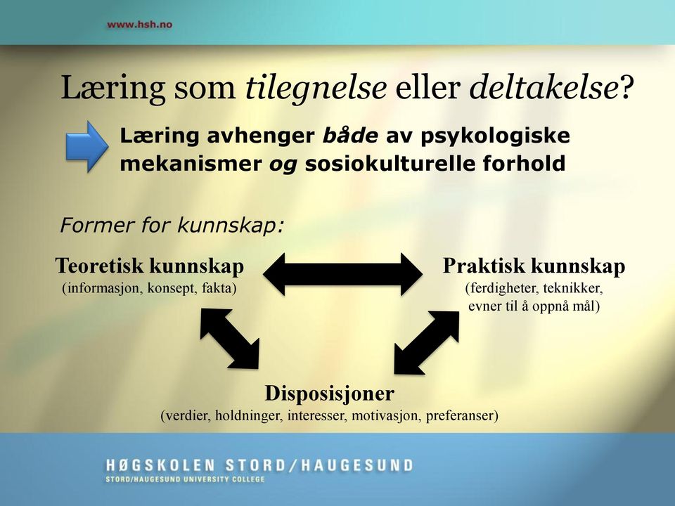 Former for kunnskap: Teoretisk kunnskap (informasjon, konsept, fakta) Praktisk