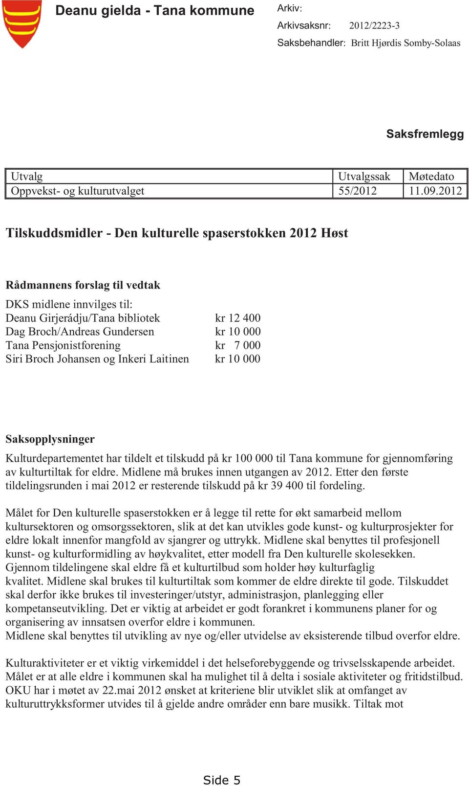 Tana Pensjonistforening kr 7 000 Siri Broch Johansen og Inkeri Laitinen kr 10 000 Saksopplysninger Kulturdepartementet har tildelt et tilskudd på kr 100 000 til Tana kommune for gjennomføring av