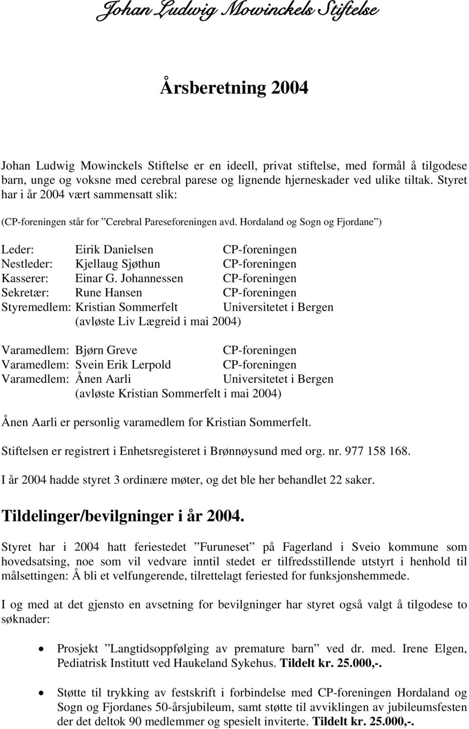 Hordaland og Sogn og Fjordane ) Leder: Eirik Danielsen CP-foreningen Nestleder: Kjellaug Sjøthun CP-foreningen Kasserer: Einar G.