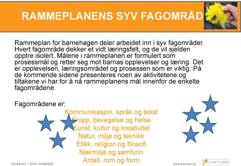 Målene i rammeplanen er formulert som prosessmål og retter seg mot barnas opplevelser og læring. Det er opplevelsen, læringsområdet og prosessen som er viktig.