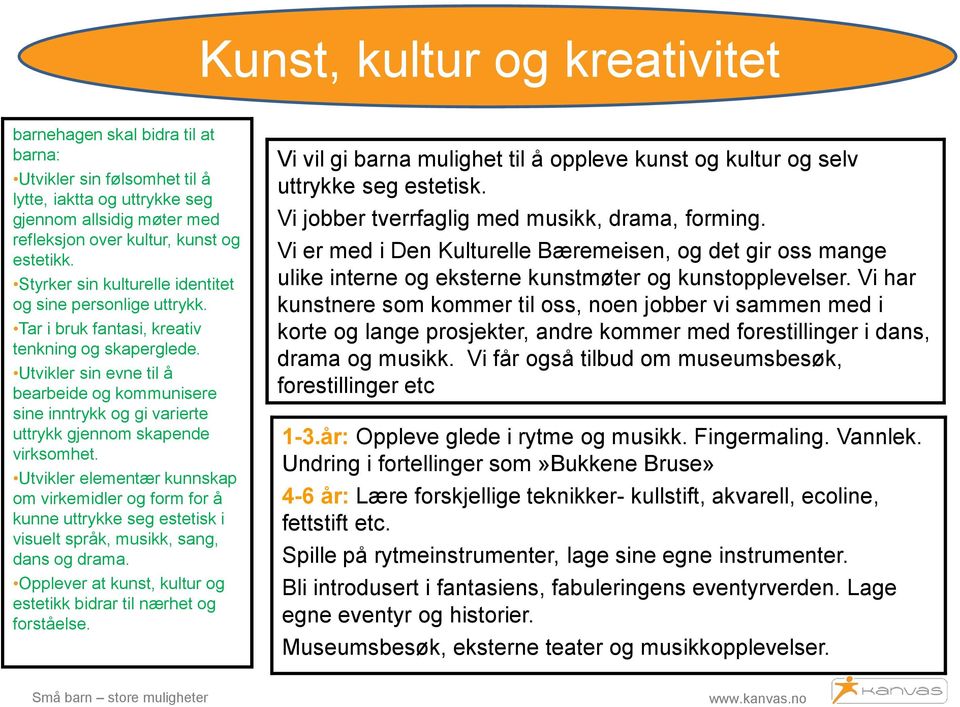 Utvikler sin evne til å bearbeide og kommunisere sine inntrykk og gi varierte uttrykk gjennom skapende virksomhet.