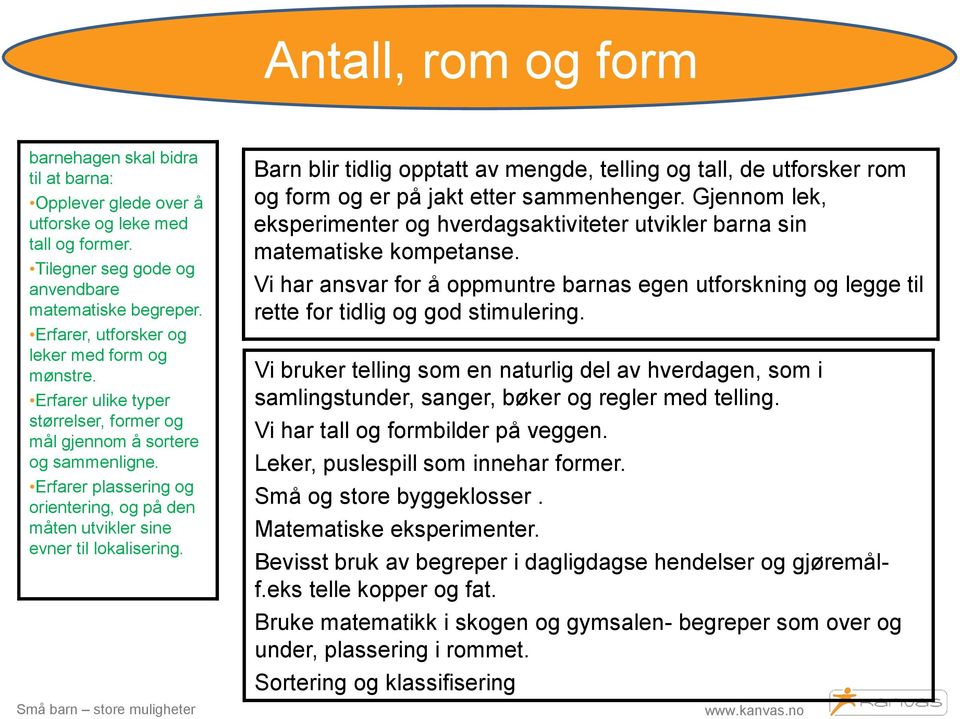 Erfarer plassering og orientering, og på den måten utvikler sine evner til lokalisering. Barn blir tidlig opptatt av mengde, telling og tall, de utforsker rom og form og er på jakt etter sammenhenger.