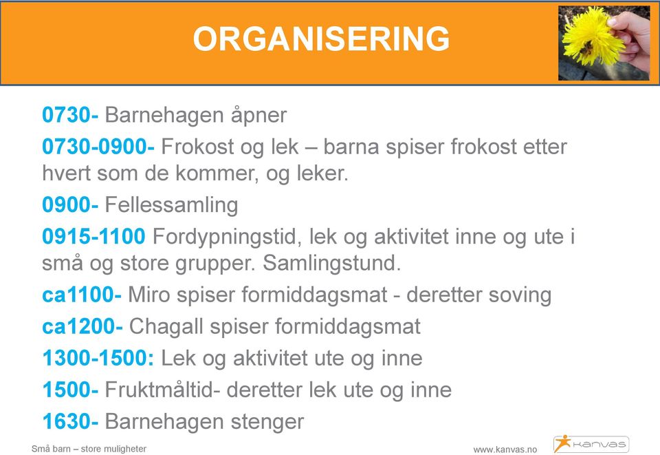 0900- Fellessamling 0915-1100 Fordypningstid, lek og aktivitet inne og ute i små og store grupper.