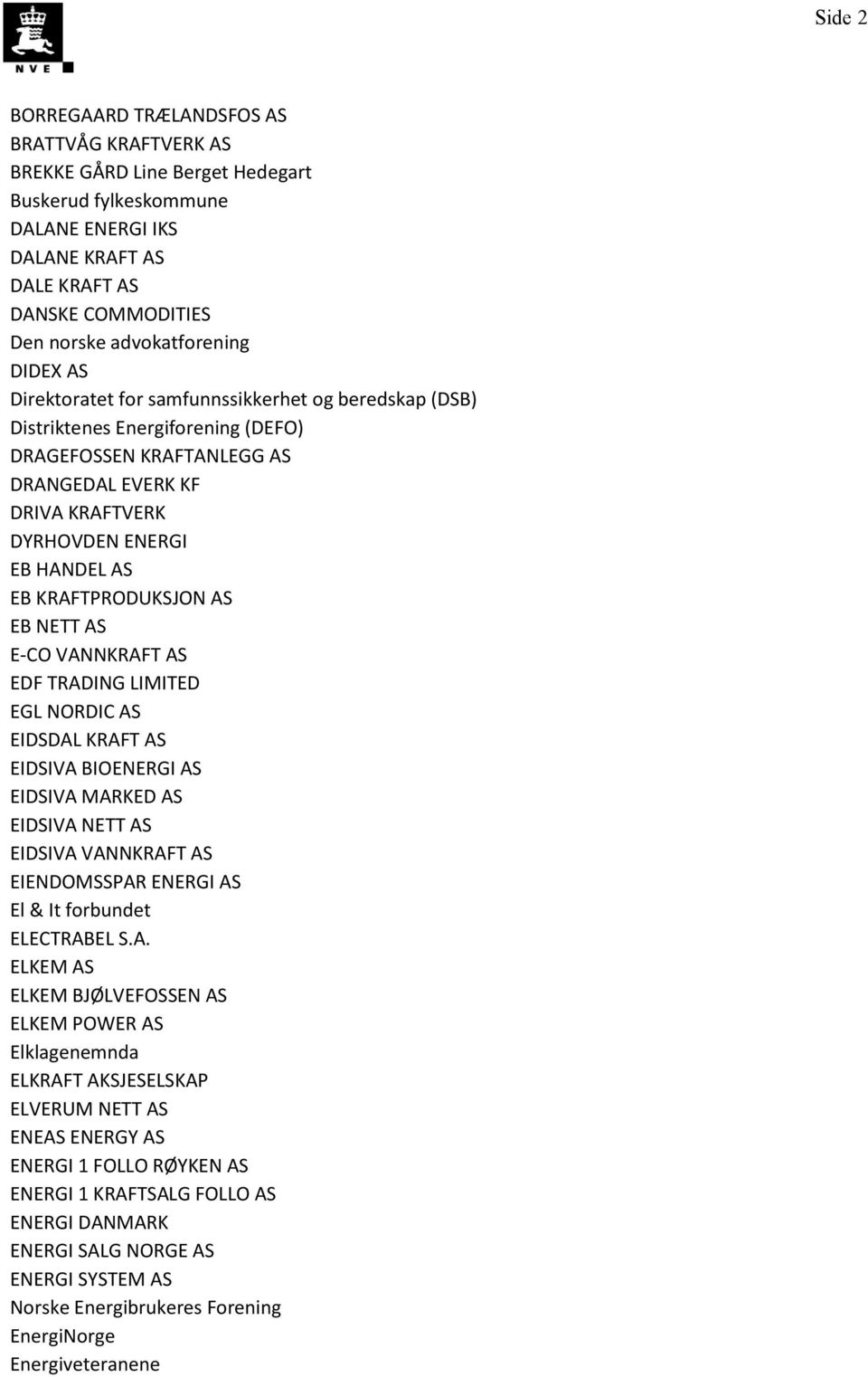 KRAFTPRODUKSJON AS EB NETT AS E-CO VANNKRAFT AS EDF TRADING LIMITED EGL NORDIC AS EIDSDAL KRAFT AS EIDSIVA BIOENERGI AS EIDSIVA MARKED AS EIDSIVA NETT AS EIDSIVA VANNKRAFT AS EIENDOMSSPAR ENERGI AS