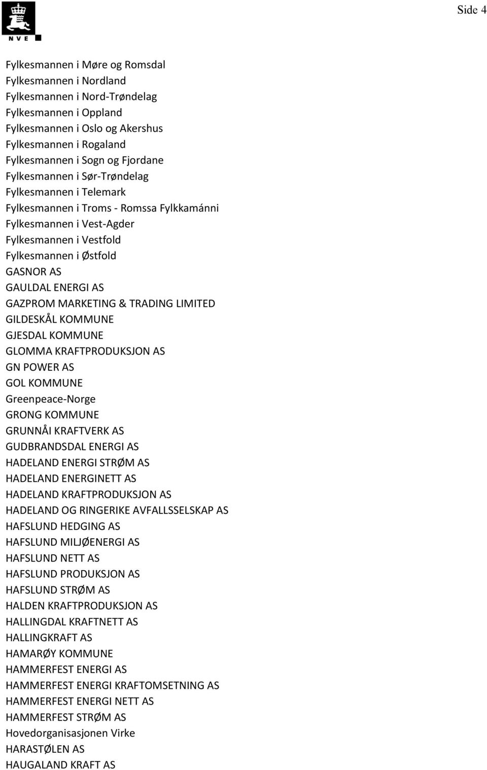 GAZPROM MARKETING & TRADING LIMITED GILDESKÅL KOMMUNE GJESDAL KOMMUNE GLOMMA KRAFTPRODUKSJON AS GN POWER AS GOL KOMMUNE Greenpeace-Norge GRONG KOMMUNE GRUNNÅI KRAFTVERK AS GUDBRANDSDAL ENERGI AS