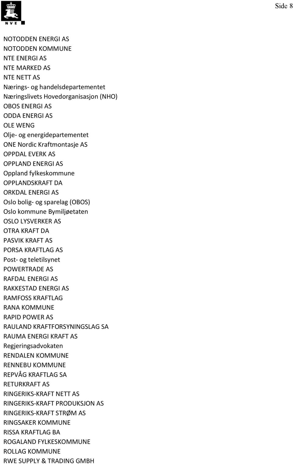 OSLO LYSVERKER AS OTRA KRAFT DA PASVIK KRAFT AS PORSA KRAFTLAG AS Post- og teletilsynet POWERTRADE AS RAFDAL ENERGI AS RAKKESTAD ENERGI AS RAMFOSS KRAFTLAG RANA KOMMUNE RAPID POWER AS RAULAND