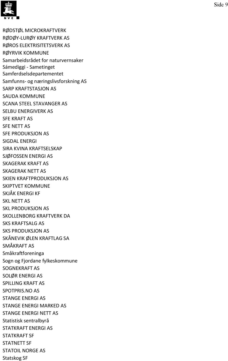 ENERGI AS SKAGERAK KRAFT AS SKAGERAK NETT AS SKIEN KRAFTPRODUKSJON AS SKIPTVET KOMMUNE SKJÅK ENERGI KF SKL NETT AS SKL PRODUKSJON AS SKOLLENBORG KRAFTVERK DA SKS KRAFTSALG AS SKS PRODUKSJON AS