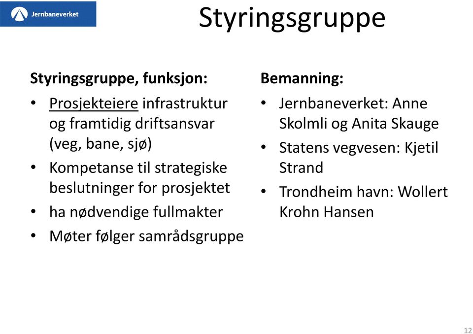 ha nødvendige fullmakter Møter følger samrådsgruppe Bemanning: Jernbaneverket: Anne