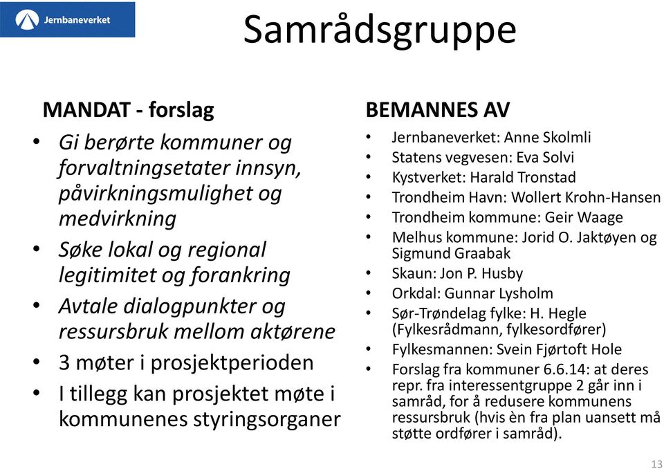 Harald Tronstad Trondheim Havn: Wollert Krohn-Hansen Trondheim kommune: Geir Waage Melhus kommune: Jorid O. Jaktøyen og Sigmund Graabak Skaun: Jon P.