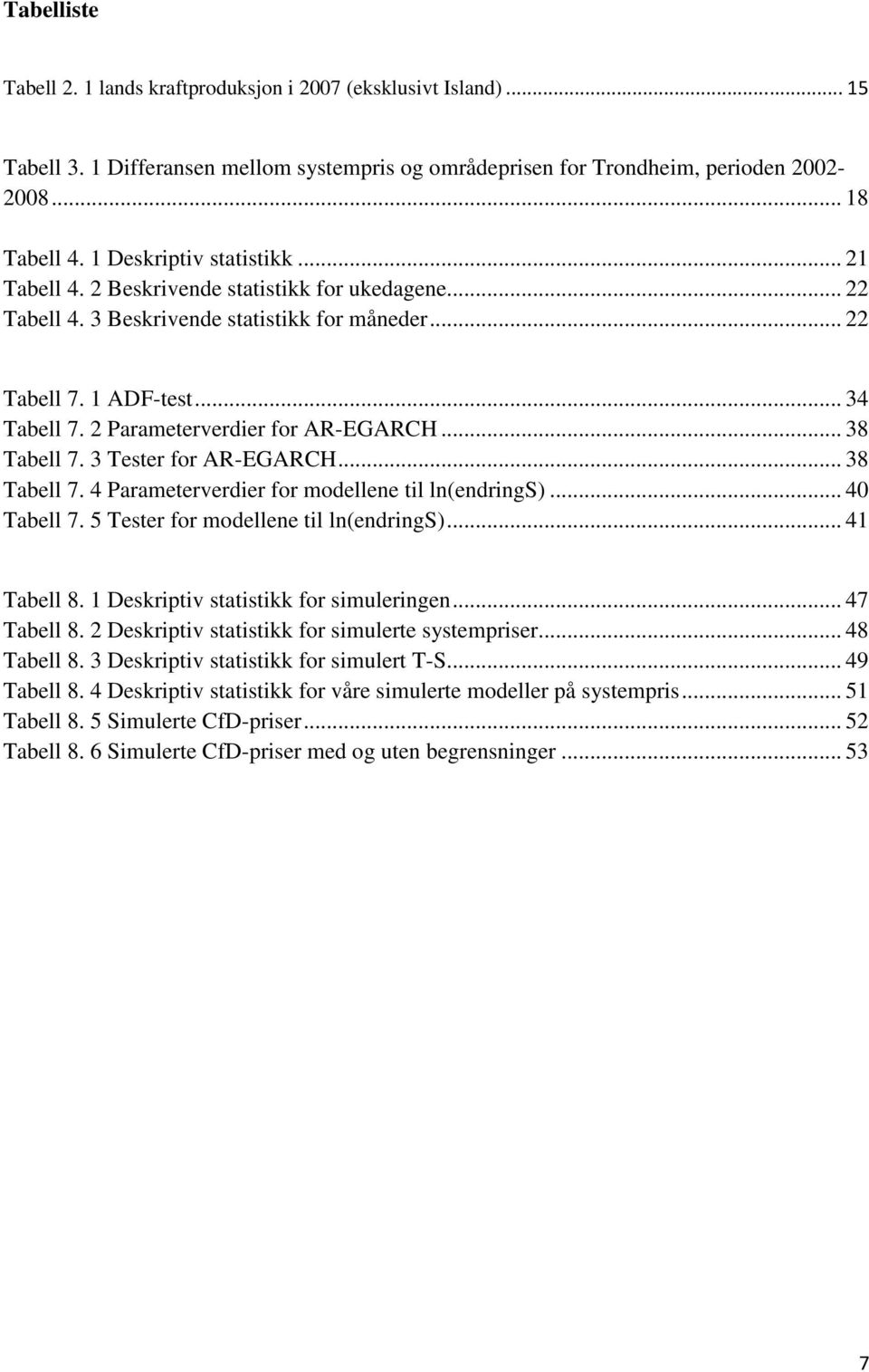 2 Parameterverdier for AR-EGARCH... 38 Tabell 7. 3 Tester for AR-EGARCH... 38 Tabell 7. 4 Parameterverdier for modellene til ln(endrings)... 40 Tabell 7. 5 Tester for modellene til ln(endrings).