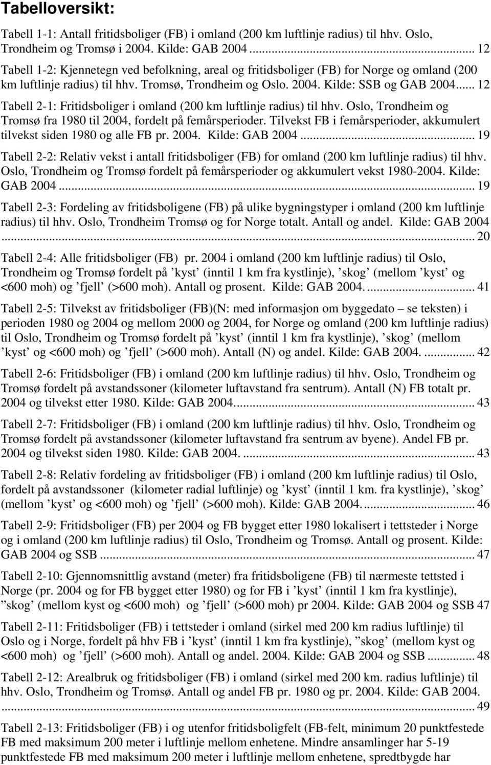 .. 12 Tabell 2-1: Fritidsboliger i omland (200 km luftlinje radius) til hhv. Oslo, Trondheim og Tromsø fra 1980 til 2004, fordelt på femårsperioder.