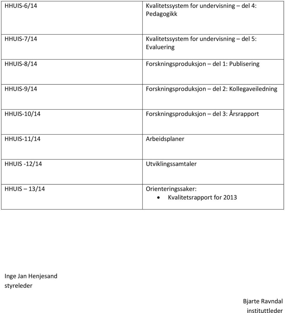 Kollegaveiledning HHUIS-10/14 Forskningsproduksjon del 3: Årsrapport HHUIS-11/14 Arbeidsplaner HHUIS -12/14