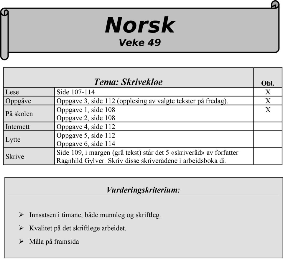 114 Skrive Side 109, i margen (grå tekst) står det 5 «skriveråd» av forfatter Ragnhild Gylver.