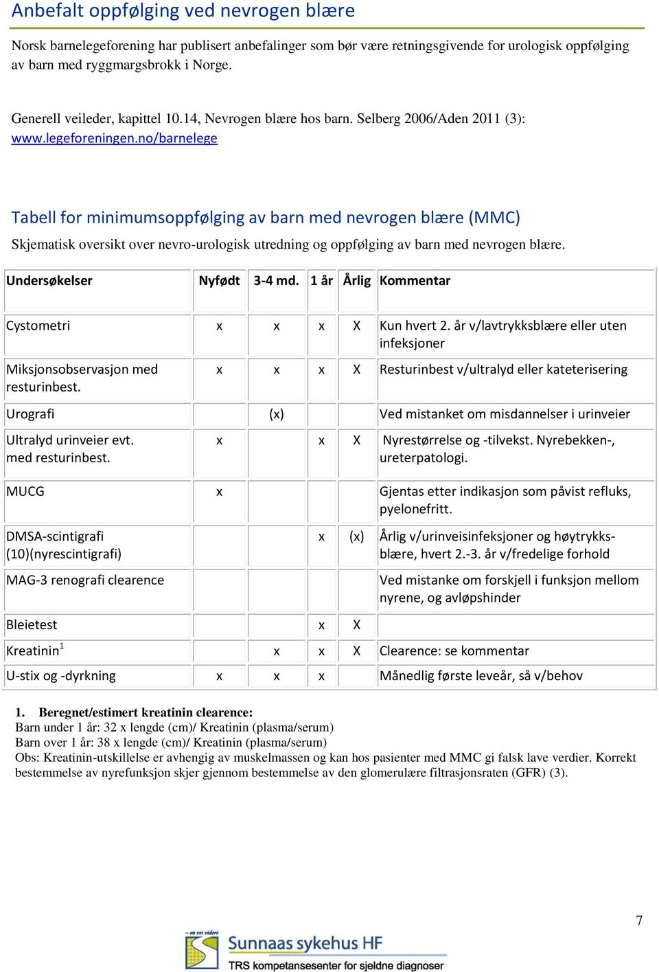 n/barnelege Tabell fr minimumsppfølging av barn med nevrgen blære (MMC) Skjematisk versikt ver nevr-urlgisk utredning g ppfølging av barn med nevrgen blære. Undersøkelser Nyfødt 3-4 md.