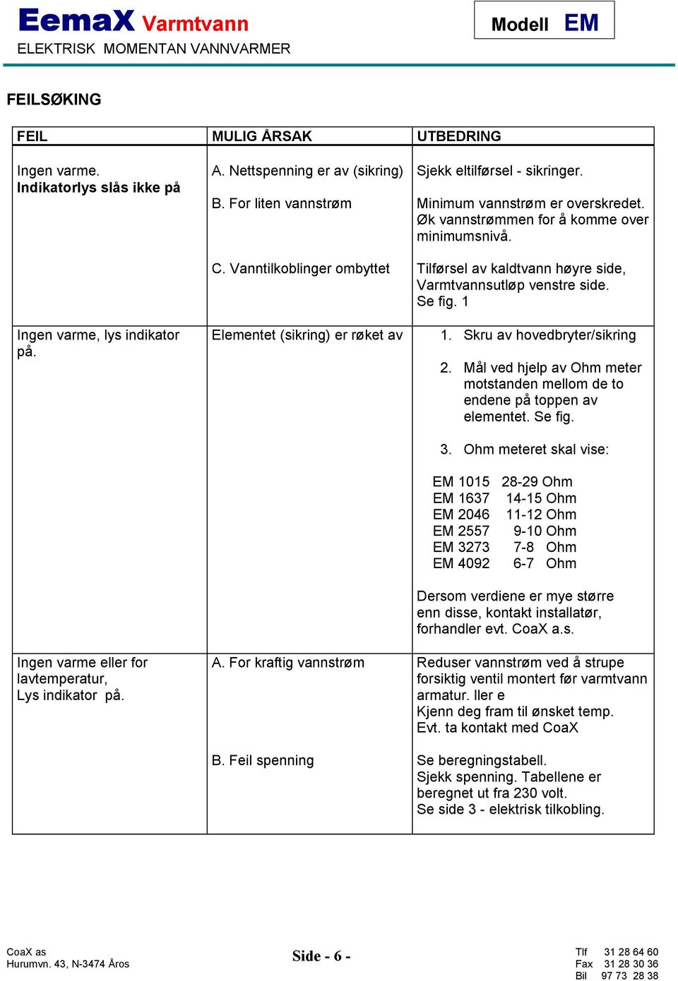 Øk vannstrømmen for å komme over minimumsnivå. Tilførsel av kaldtvann høyre side, Varmtvannsutløp venstre side. Se fig. 1 1. Skru av hovedbryter/sikring 2.